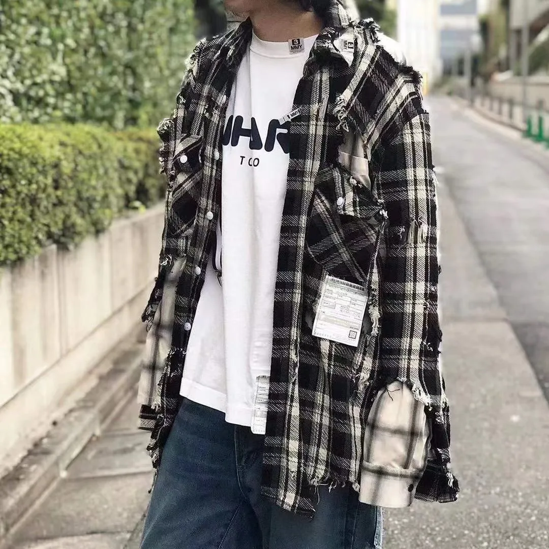 2ss Mihara Yasuhiro Sanyuan Kangyu Japan fashion Black and White Plaid Damaged Old Double Layer Shirts Outerwear