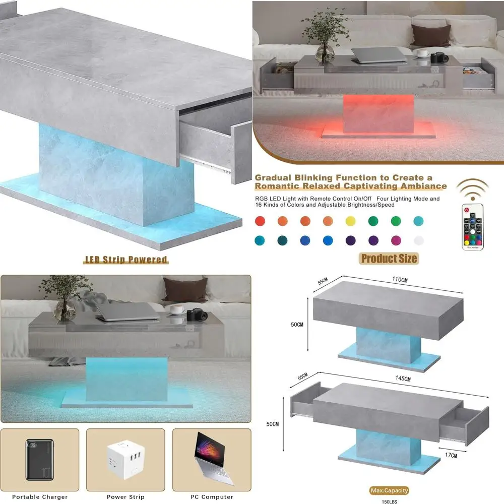 Modern Rectangular High Gloss Coffee Table with 2 Drawers for Living Room and Dining Area