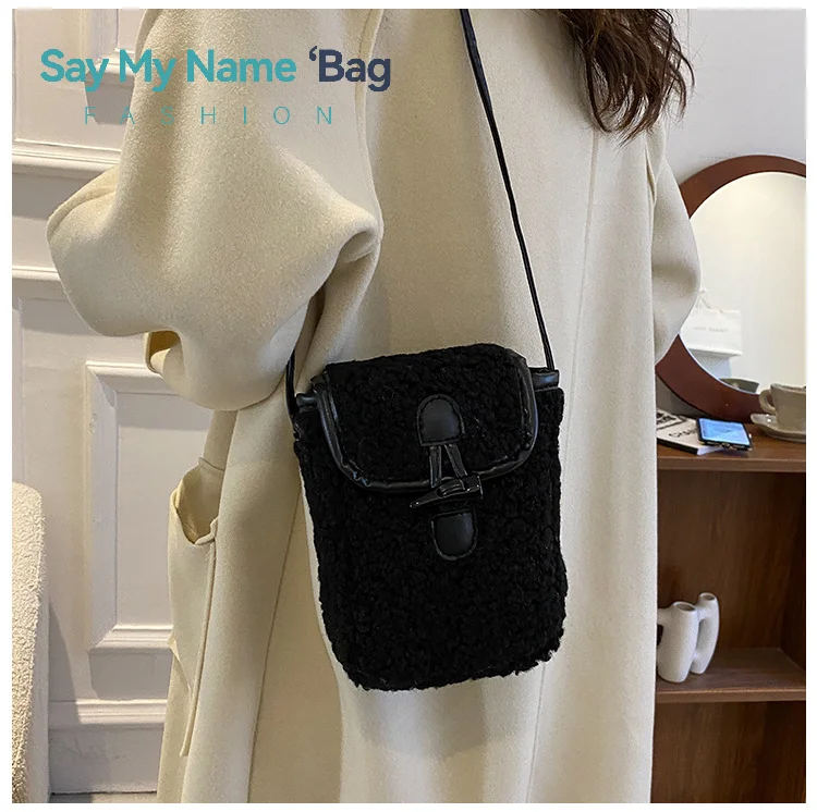Модная зимняя сумка для телефона из овечьей шерсти, милые милые портативные женские кошельки, квадратный кошелек, плюшевые сумки на плечо из искусственного меха