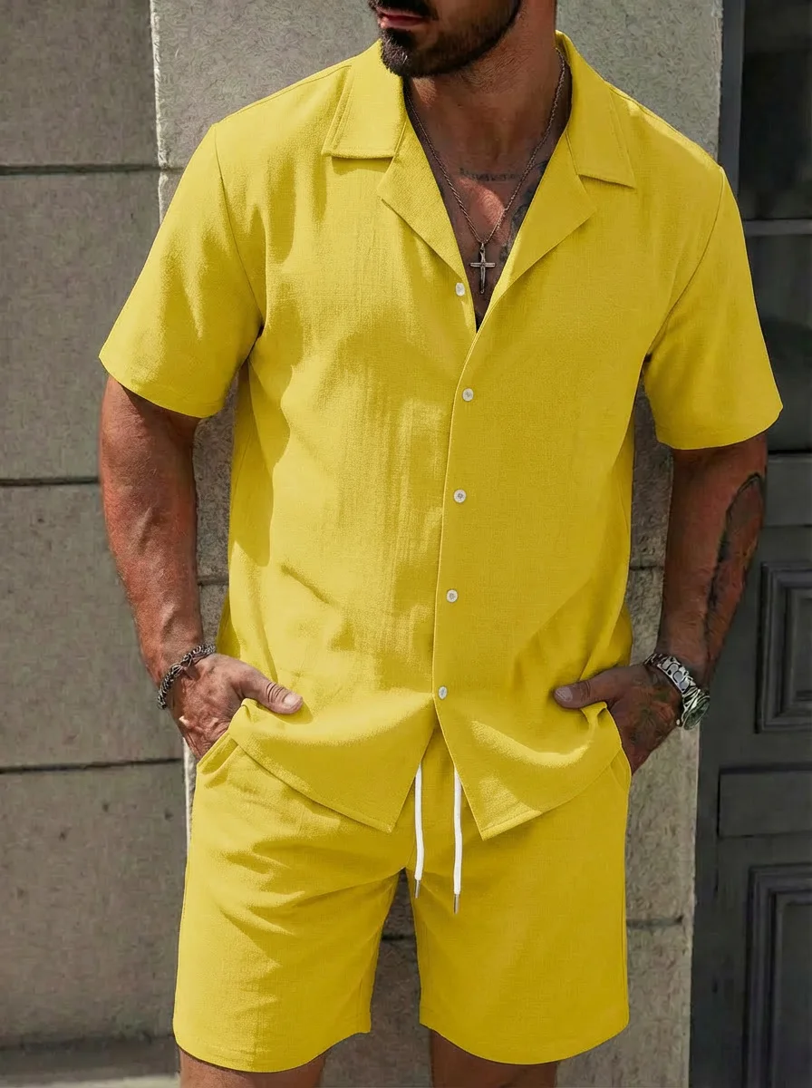 2026 Sommer Herren Europäisch-Amerikanisches Strand 2-teiliges Set Lässiges Kurzarm-Hemd Shorts Streetwear Trainingsanzug – Detail 7