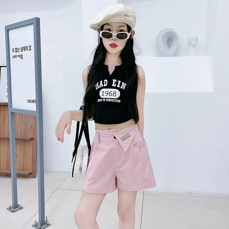 

Fashion Kids Casual Style Quality Cotton Mini Shorts Set For Girls T shirt High Waist Trousers Streetwear Children's 2024 Summer