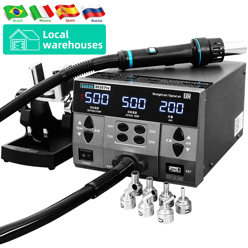 

SUGON 8630Pro 1300W Hot Air Gun Digital Display BGA Rework Station Curved Nozzle Welding Repair Desoldering Station