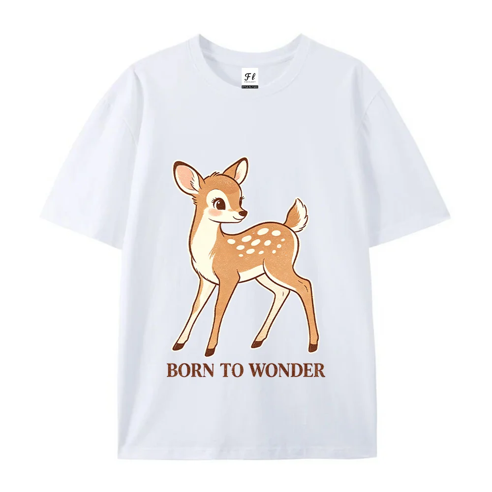 Women T Shirt Cute Fawn Born To Wonder Letter Print Cartoon Deer Short Sleeve Cotton Oversized Casual Top Female Clothing