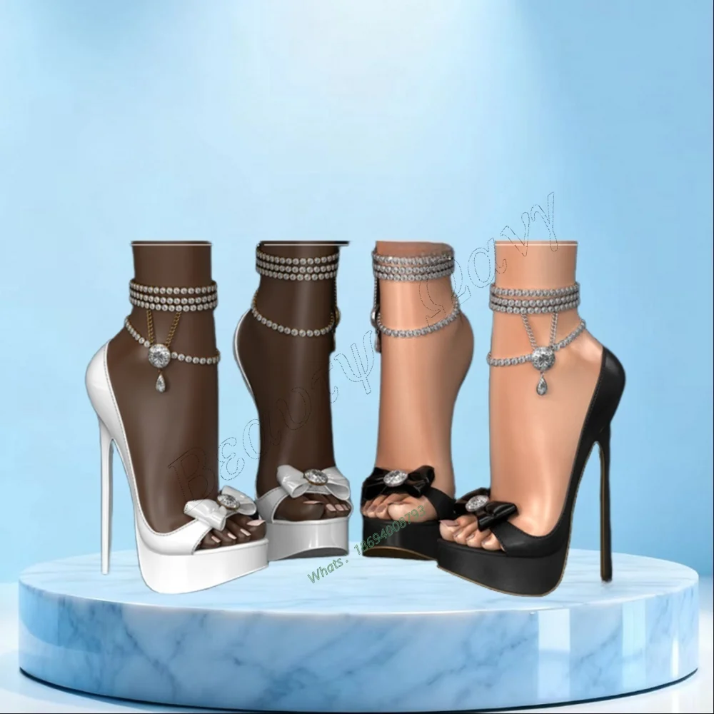 

White Bow Knot Crystal Platform Sandals Round Toe Thin High Heel Spike High Heel Shoes Sexy Women Shoes New Zapatos Para Mujere