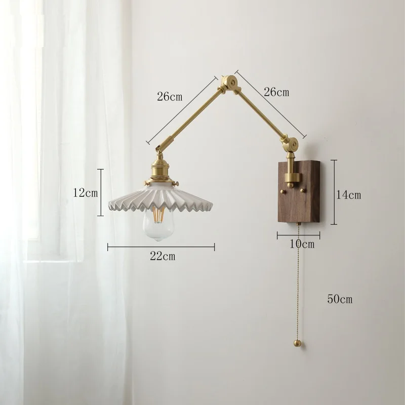 IWHD Pull Chain Copper Long Arm LED Wall Light Fixtures Up Down Left Right Rotate Walnut Canopy Nordic Modern Wandlamp Luminaira