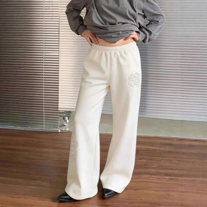

American Vintage Trend Dopamine Sweatpants Fashion Loose Four Leaf Clover Embroidered Slacks Harajuku High Street Hip Hop Pants