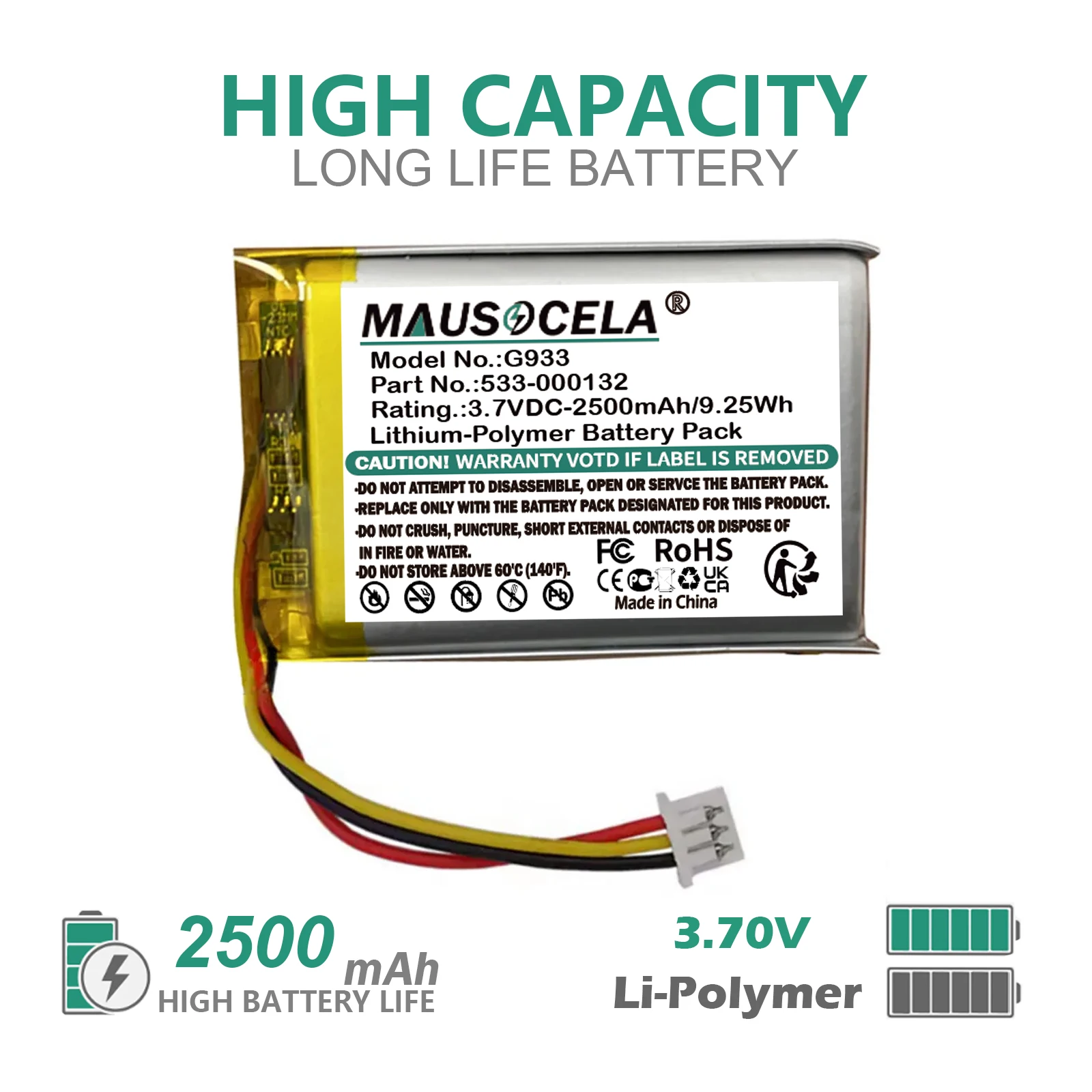 

2500mAh Wireless Headset Battery For Logitech:533-000132,G933,G533,G935,G635,G633,--2500mAh/9.25Wh--Li-Polymer-3.70V