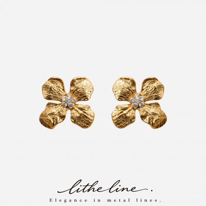 Litheline Vintage Gold Plated Four-leaf Flower Stud Earrings Women, CZ Inlaid Luxury Boho Jewelry, Party