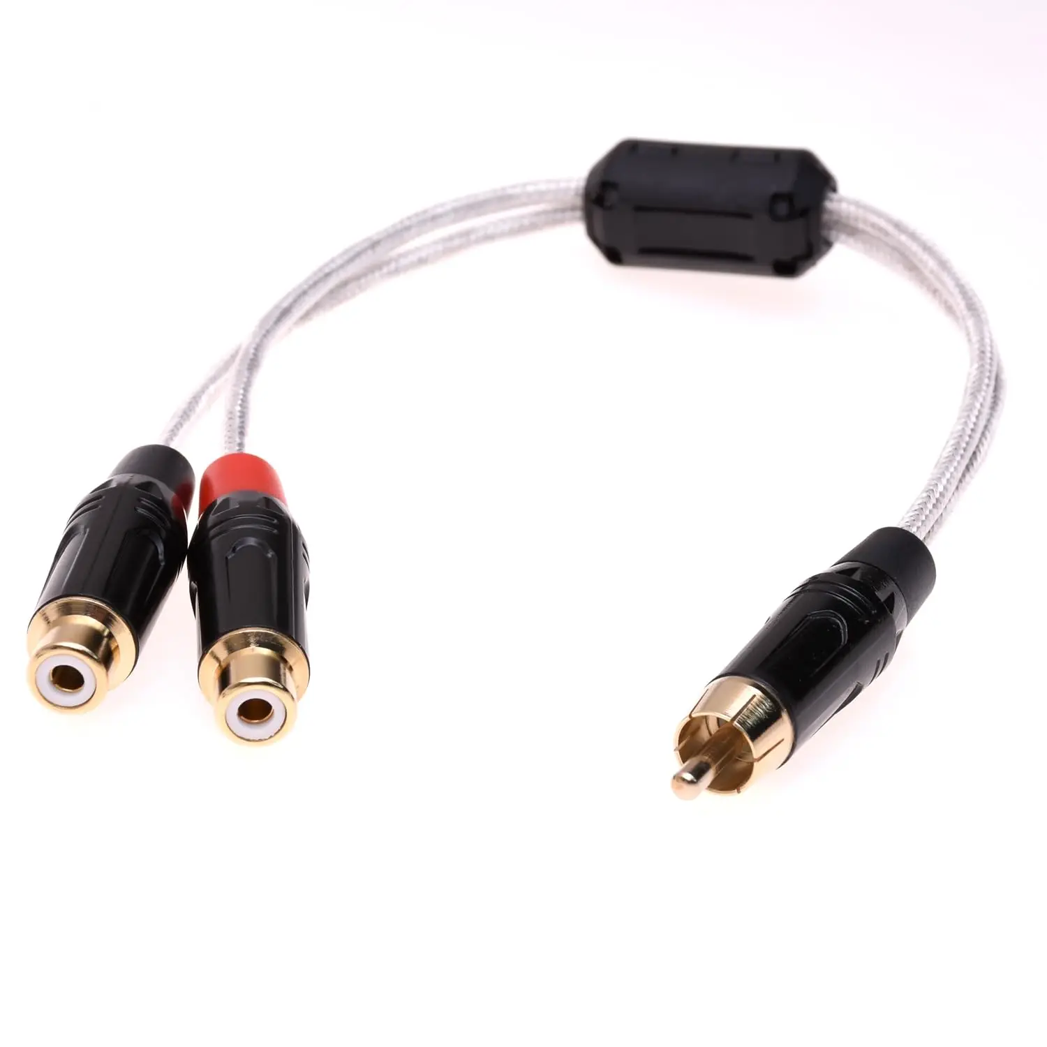 20CM Clear Silver Plated Shield RCA Male to 2 RCA Female 1 to 2 Audio Adapter Cable