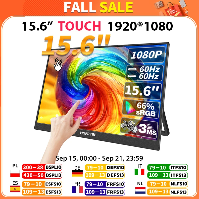 HGFRTEE-Monitor táctil portátil de 15,6 pulgadas, ADS-IPS de 1920x1080P, 300cd/m2, pantalla extendida para ordenador portátil, segunda pantalla, XBox, PS4/ 5