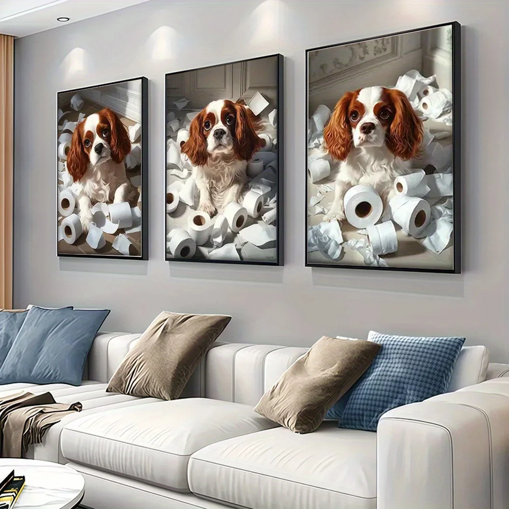 3 piezas, juego de arte en lienzo sin marco 2D de 3, perro marrón y blanco sentado en papel higiénico, arte abstracto para sala de estar, oficina, Libra