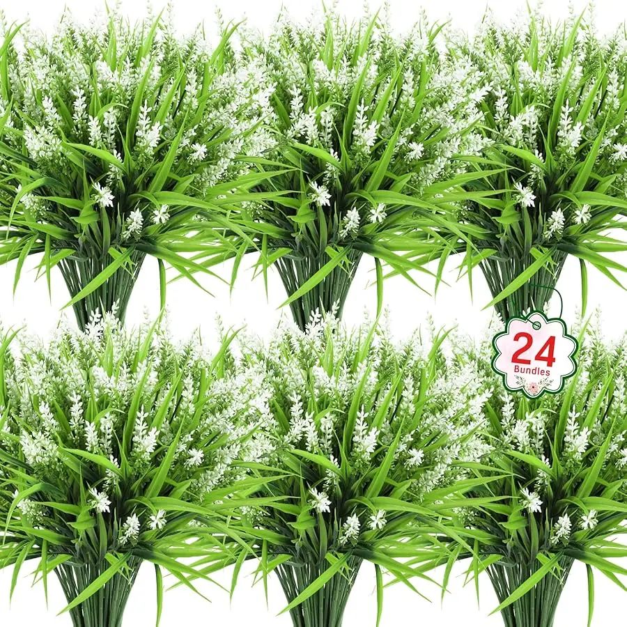 

24 Bundles Artificial Flowers for Outdoors, Fake Lavender Flowers Monkey Grass Faux Plastic Plants Shrubs UV Resistant for Porch