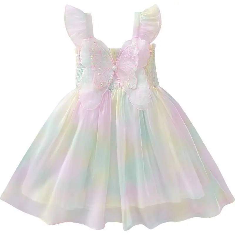 Summer Girs Sling Dress Kid Gradient RainbowTulle Butterfly Decoration Vestido Children Princess Birthday Party Princess Wedding