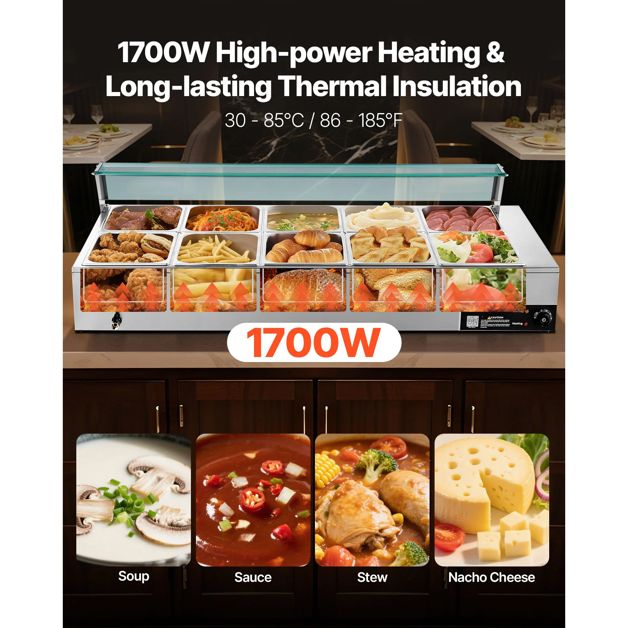 SucceBuy 10-Pan Commercial Food Warmer Electric Stainless Steel Steam Food Warmer with Glass Cover for Catering, Restaurant
