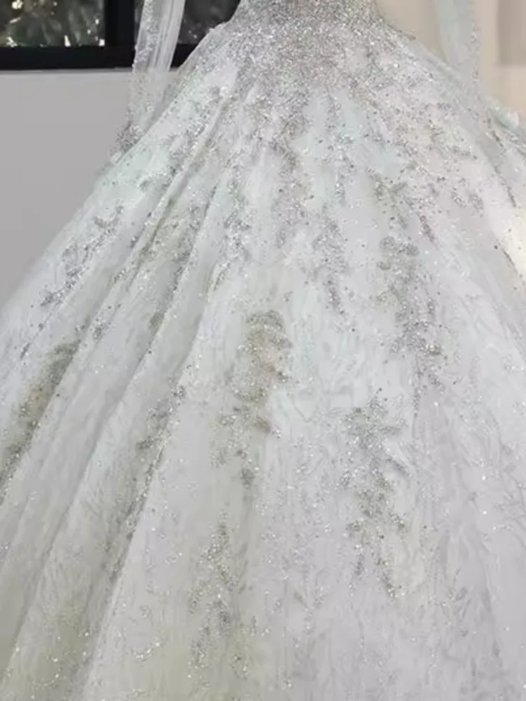 DFDG Vestido de novia de alta costura con cuello en V, manga larga, blanco, lujoso, trabajo pesado, encaje, novia, ceremonia principal de primavera y verano, 2025