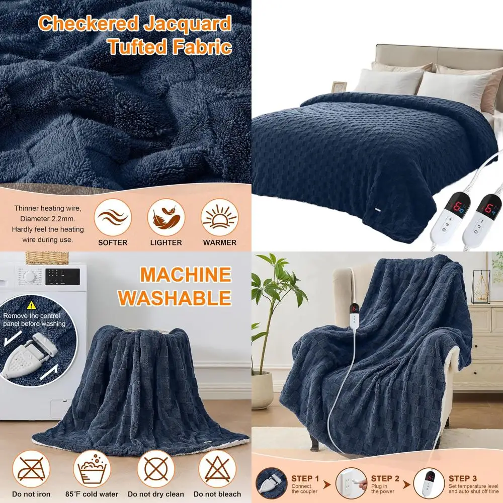 

Queen Size Electric Blanket with Dual Controls, 84x90, 6 Heat Levels, 10-Hour Auto Off, Overheat Protection, Navy Blue