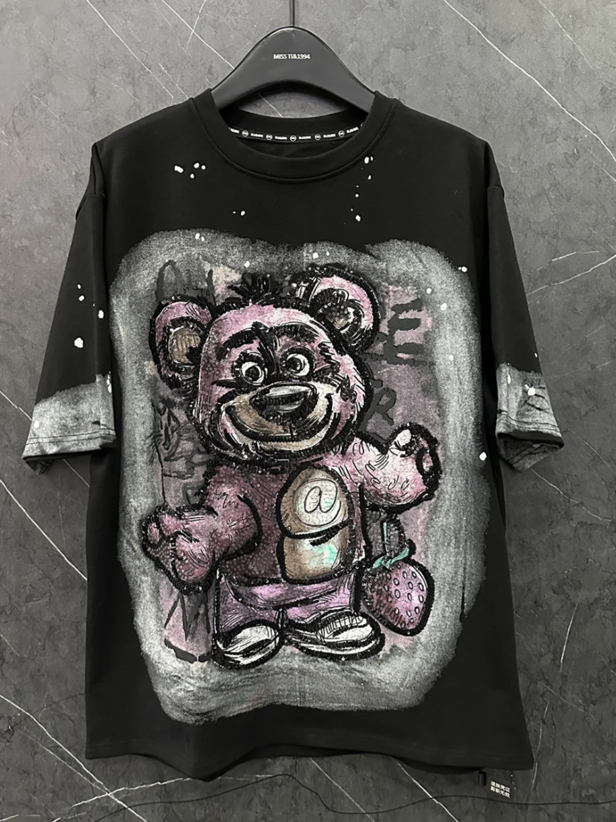 Autumn Winter Thickened Cartoon Bear Sequin Printed Short-sleeved T-shirt Loose Mid Length Bottoming Top Women Clothes