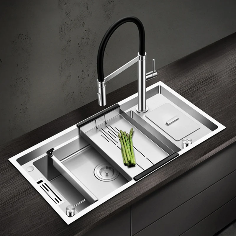 ASRAS Large Size Kitchen Sink SUS 304 Stainless Steel 4mm Thickness Handmade Brushed 4 Hole Single Kitchen Sinks With Trash Can