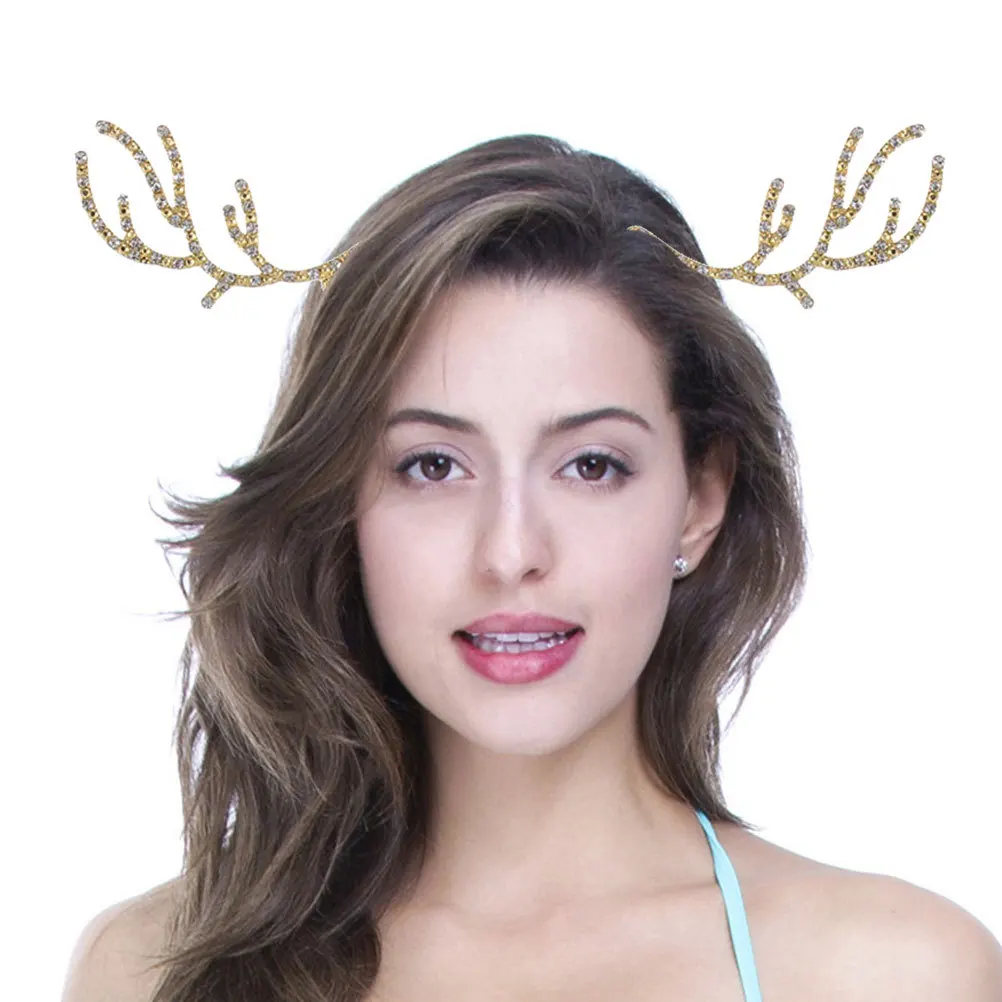 

2pcs Alloy Crystal Antler Hair Hoop Golden For Women Lightweight Reindeer Headband Party Carnival Christmas Easter Nye