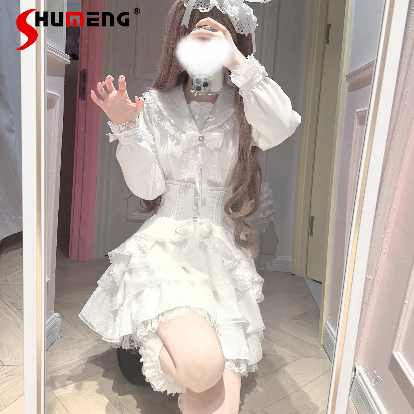 

Subculture Y2k Lolita Large Size Long Sleeve Shirt and Skirt 2-Piece Set Women's White Hooded Hooded Cloak Sweet Girls Outfit