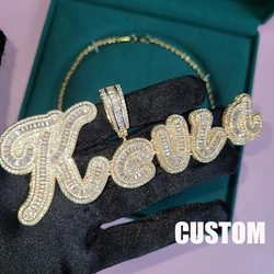 Custom Big Brush Cursive Iced Out Letter Name Pendant Word Necklace With Stainless Steel Rope chain Chain Hip Hop Jewelry