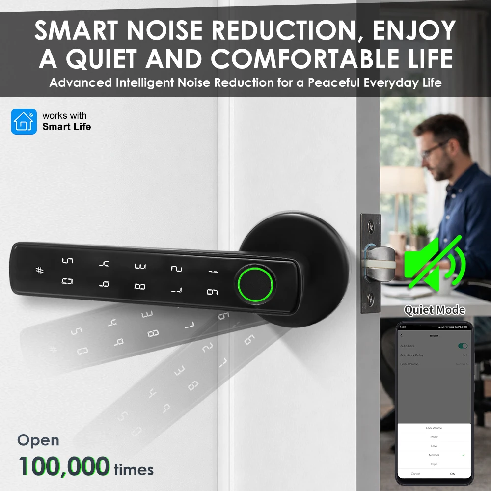 YFK Smart Life Door Lock 4 in 1 Fingerprint Lock Bluetooth Tuya APP Remote Unlock Anti-peep Password Temporary Passcode Quiet Mode Durable Electronic Lock for Home Bedroom Office Hotel Interior Door