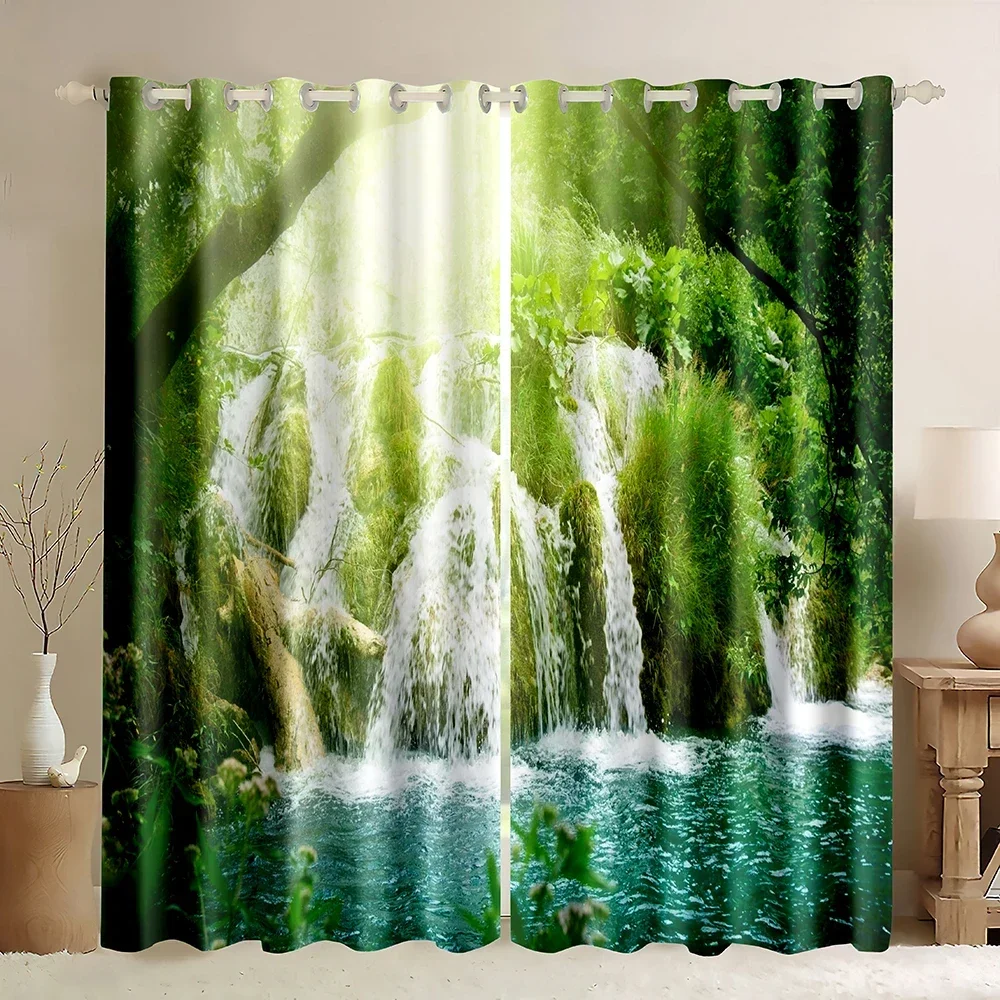 Waterfall Window Curtains with Nature Landscape Theme Sunshine Forest River Scenery Scene Print Pattern Privacy Blackout Curtain