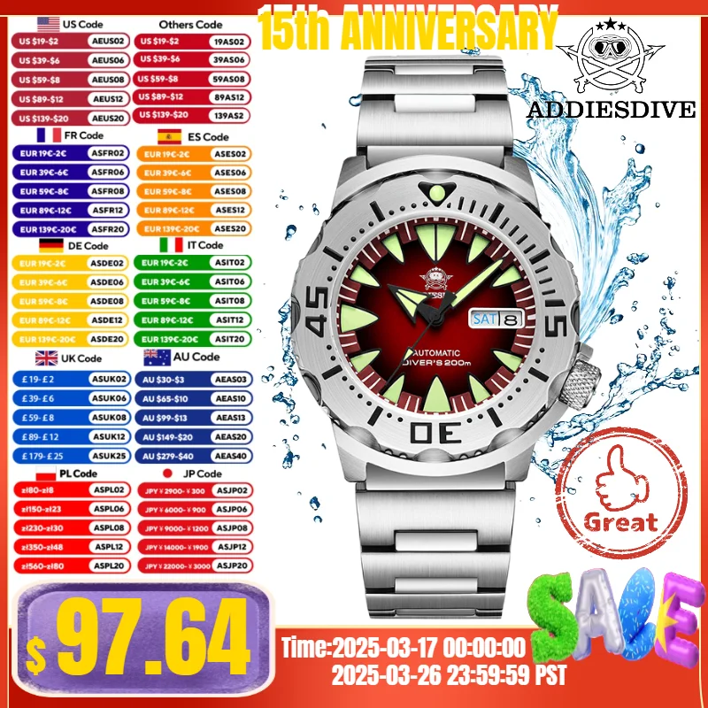 ADDIESDIVE-Montre Mécanique Monster en Acier Inoxydable pour Homme, Verre Saphir Shoous, Cadran Bleu, Plongée NH36, SION L, AD2103