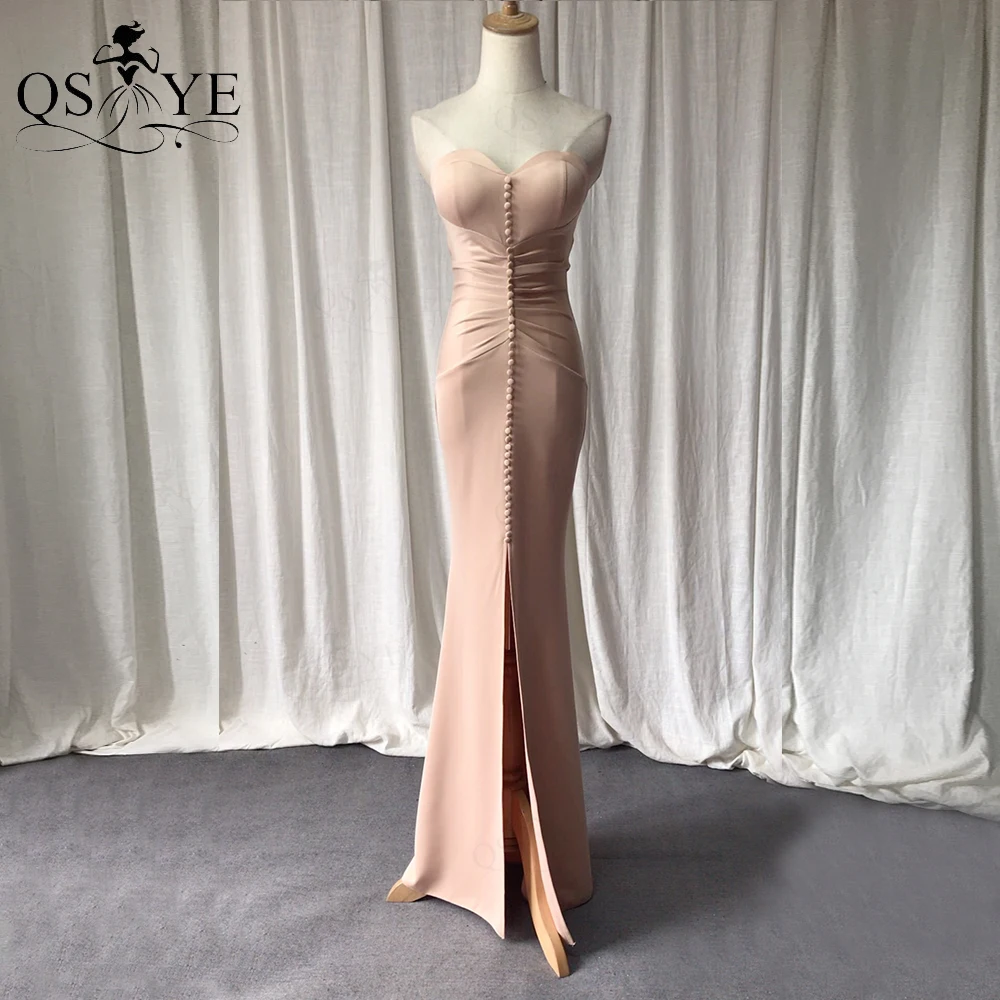 QSYYE Front Split Champagne Mermaid Long Prom Dress 2021 Elastic Ruched Evening Dresses Buttons Sweetheart Party Formal Gown