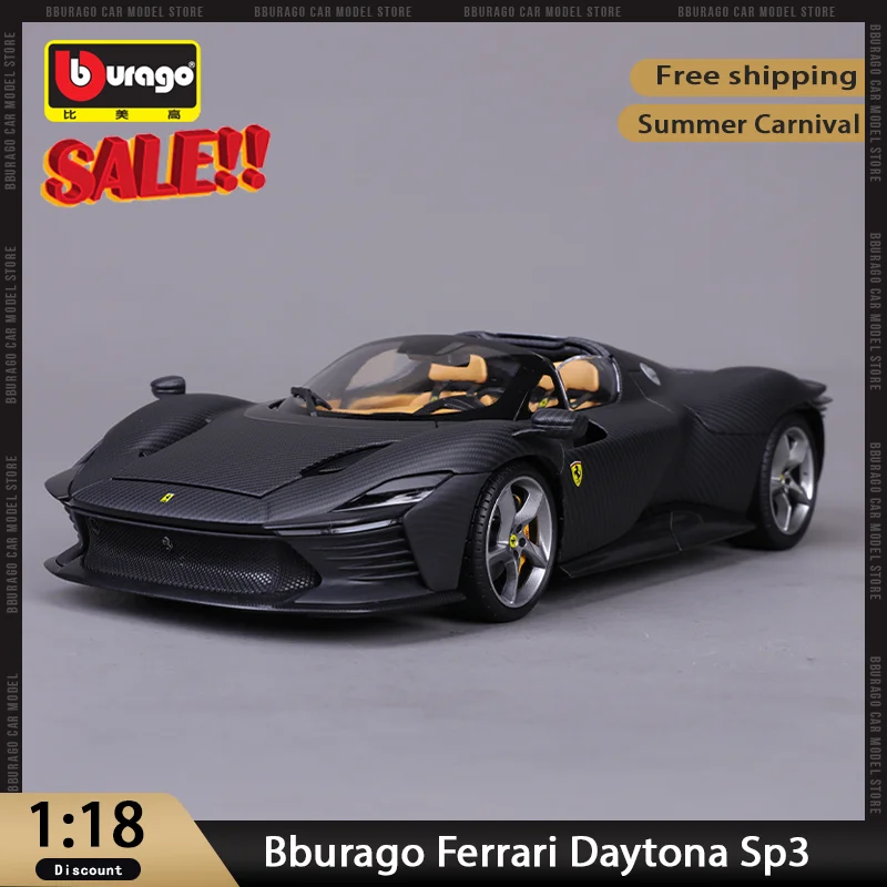 New In Stock 50th Anniversary Bburago 1:18 Ferrari Daytona Sp3 Black Carbon Fiber Diecast Model Acrylic Packaging Toys Kids Gift