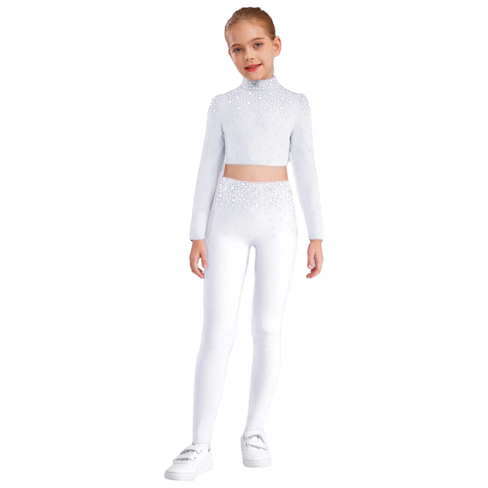 

Girls Jazz Dance Outfits Long Sleeve Backless Shiny Rhinestones Metallic Crop Top Tight Trouser for Jazz Dance Stage Performance