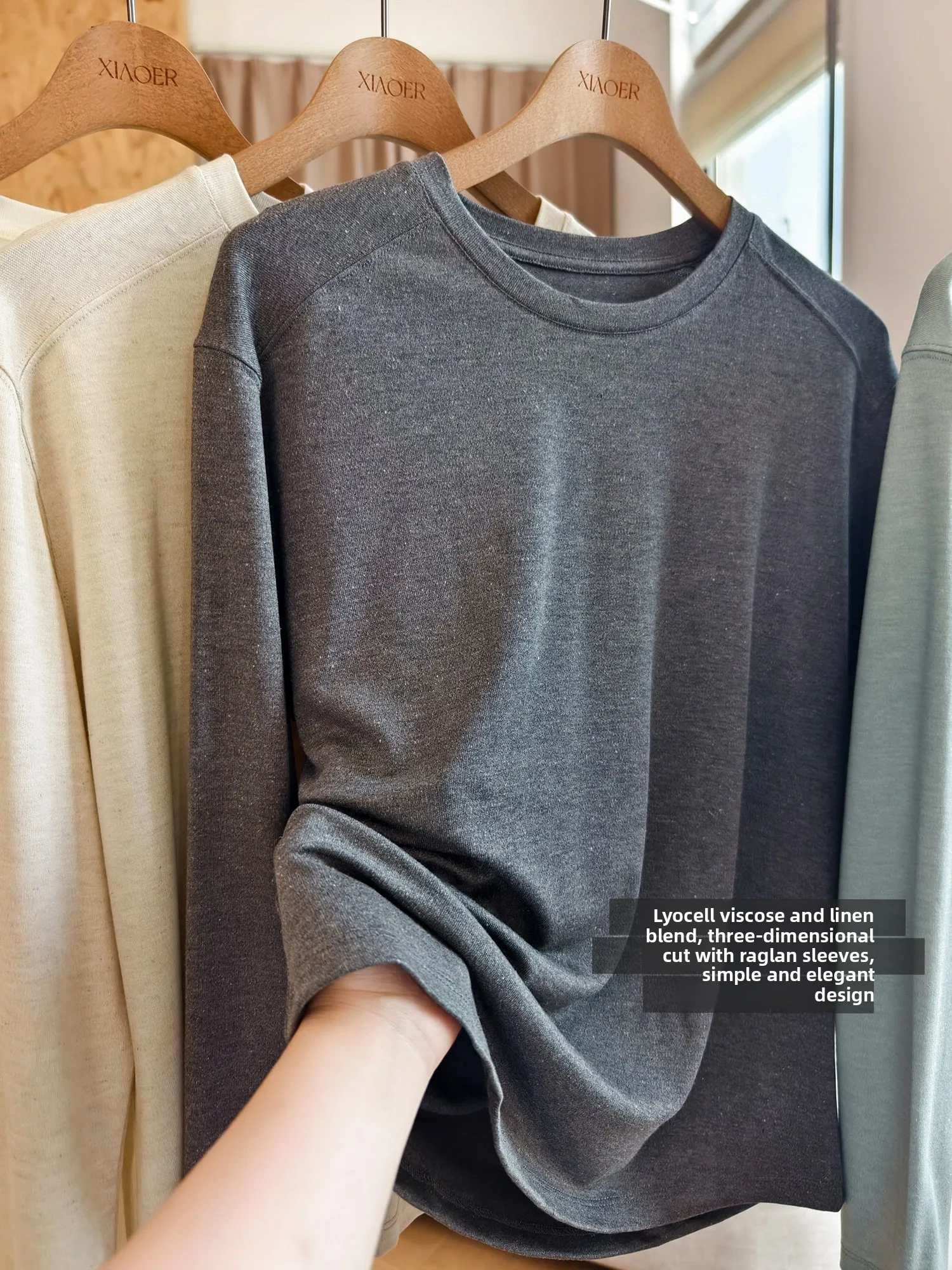 Acetate Linen Fine Branch round Neck Top Women's Standard Fit Long Sleeve Breathable T-Shirt by Xiao Er Production