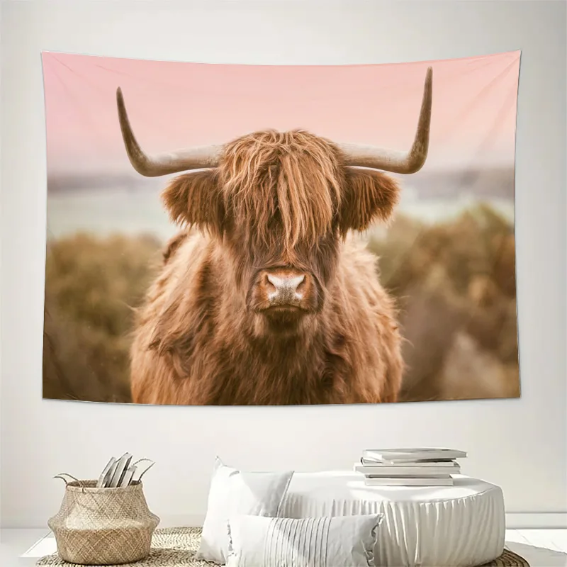 Ultra HD Highland Cow Portrait Wall Tapestry Boho Farmhouse Decor Rustic Animal Art Print Mural for Living Room Bedroom Natural