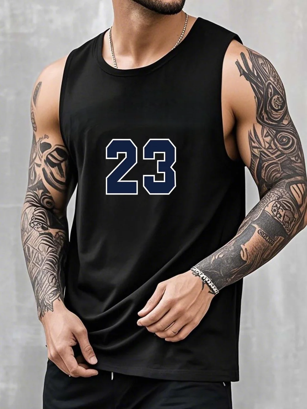

Men's Black Cotton Sleeveless Vest No. 23 Digital Print Breathable Comfortable Summer Fitness Casual Wear