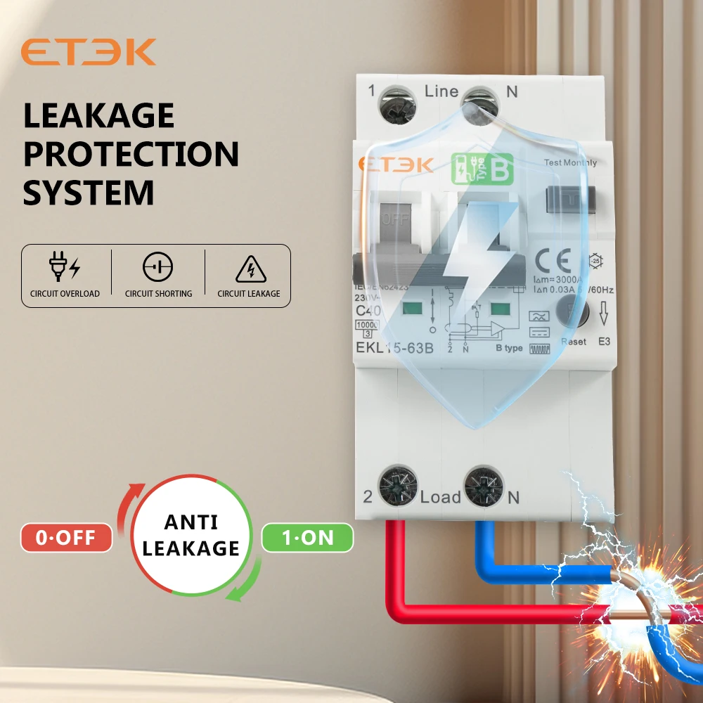 ETEK Atype RCBO 40A 63A Protezione da sovracorrente e perdite RCBO 6kA 2p Interruttore automatico corrente residua EKL15