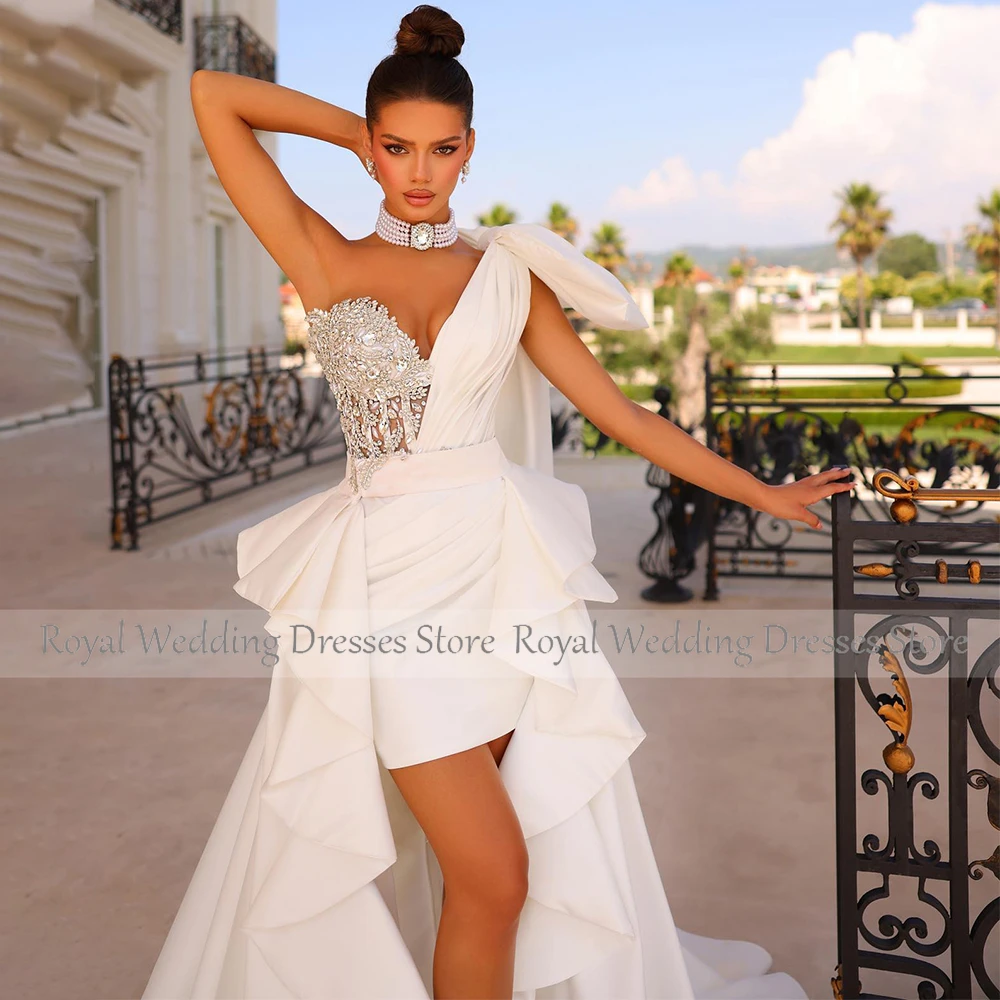 Luxury Wedding Dress Crystal One Shoulder Big Bow Mini  Gown with Detachable Train Ruffle Satin Sexy Bridal Dresses White