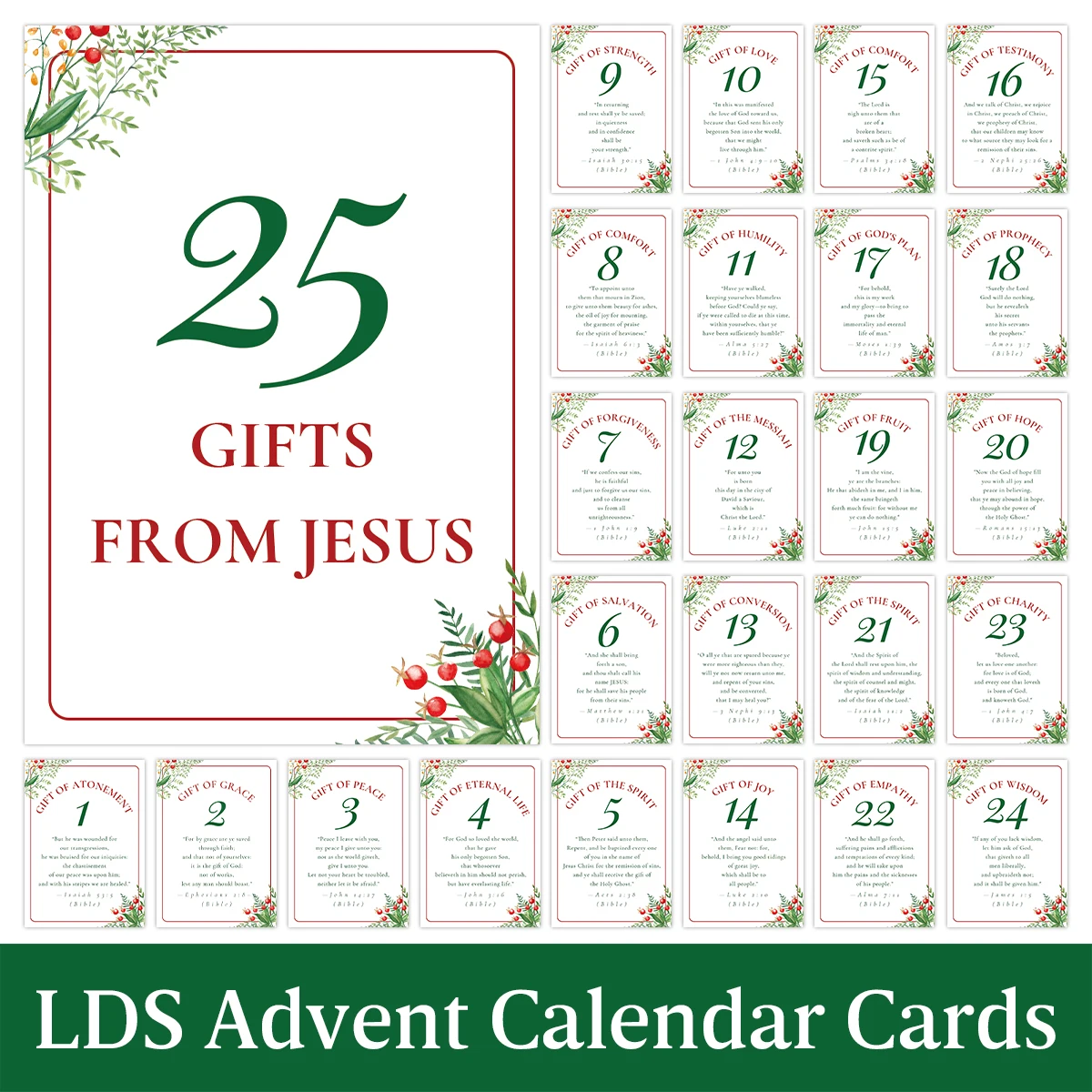 25 cartes de compte à rebours de Noël à une face, cartes de versets bibliques pour la dévotion quotidienne, décoration pour la maison et l'église chrétienne