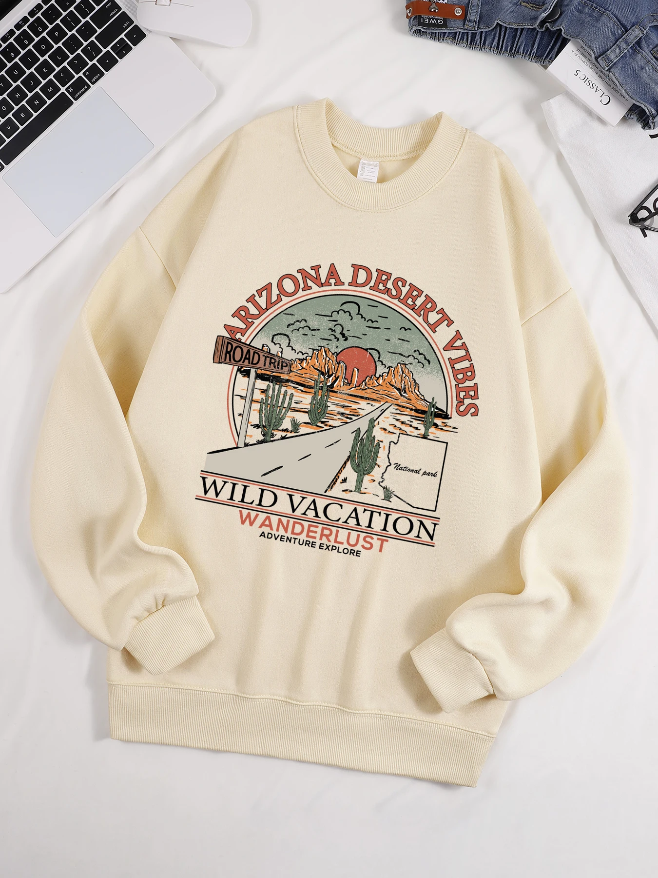Arizona Desert Vibes Wild Vacation Wanderlust-Sudadera estampada para hombre, jersey de calle con cuello redondo, ropa holgada de lana, Top de otoño Unisex