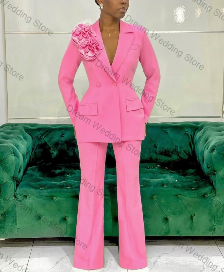 

Pink 3D Flower Women Suit Set 2 Pcs Cotton Blazer+Pants Trousers Formal Office Lady Jacket Customized Wedding Tuxedo Prom Coat