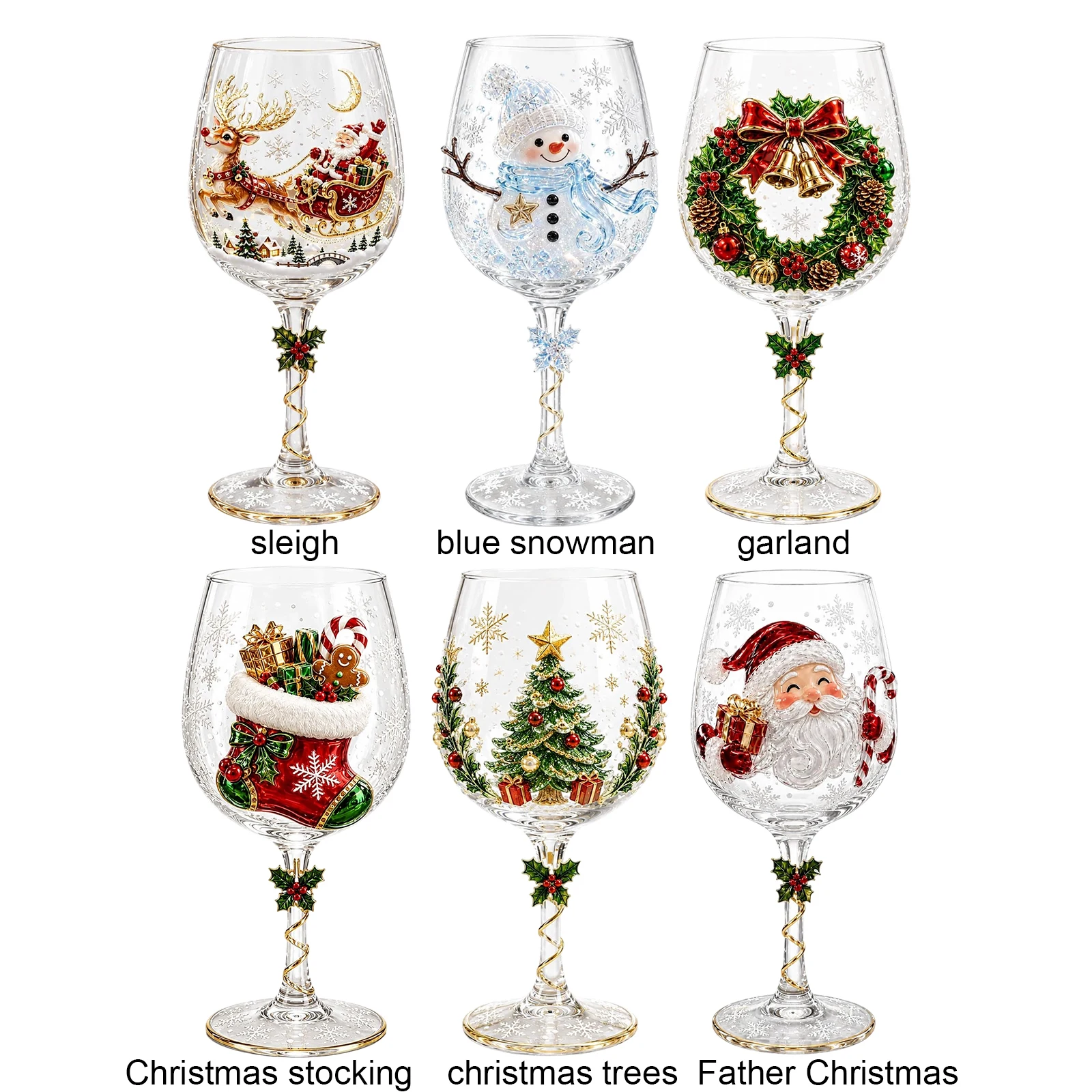 Holiday Art Goblet Christmas Wine Glass 2D Santa for SNOWMAN Reindeer Clear Glass Festive Stemware