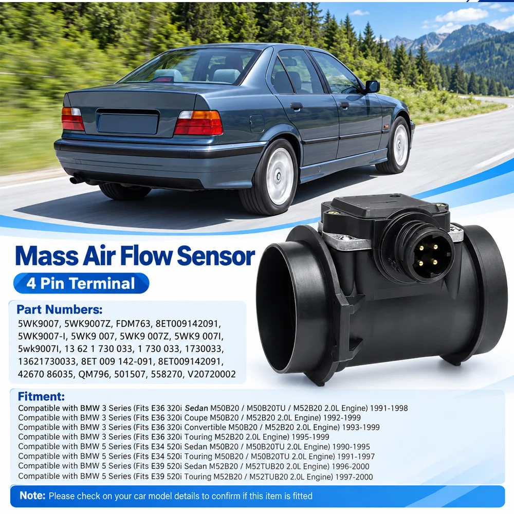 For BMW 3 Series E36 320i / 5 Series E34 520i Mass Air Flow Sensor Assembly 5WK9007 8ET009142091 5WK9007Z 13621730033 1730033
