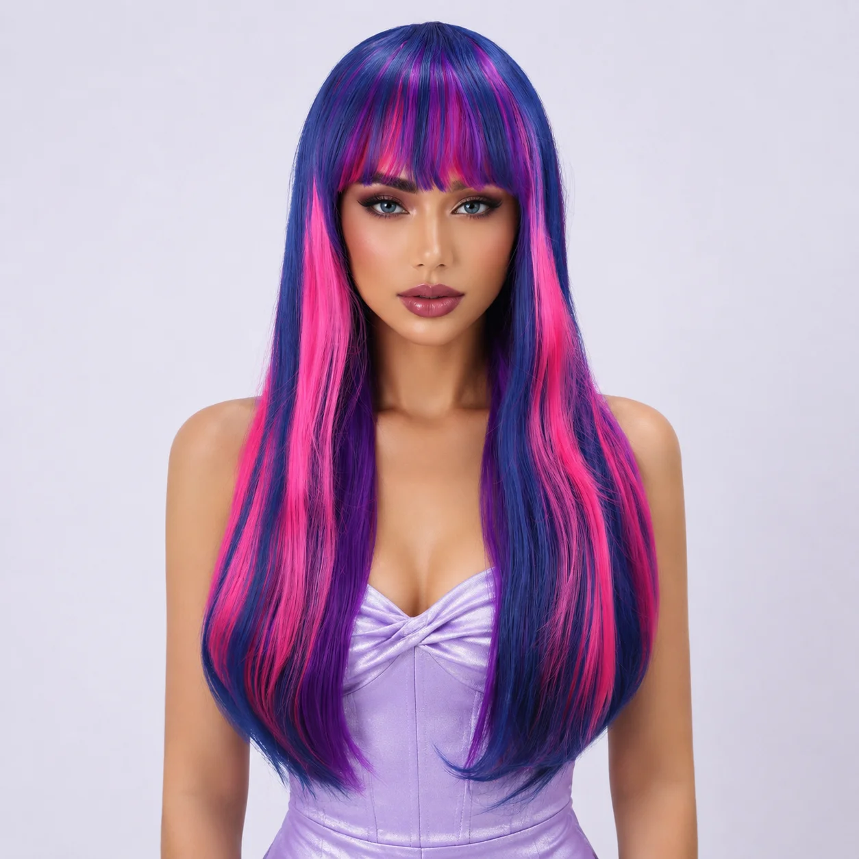 Long Straight Synthetic Wig With Bangs, Blue Pink Purple Highlight Colored Hair Wigs, Heat Resistant Costume Wig for Women - view 6