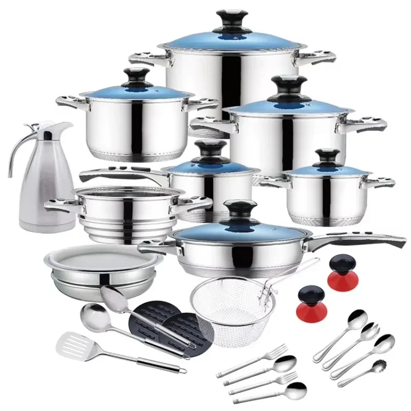 Modern 33PCS Stainless Steel Non-stick Cookware Set with Kettle and Cutlery 7 Layers Bottom Stock Sustainable Metal Material