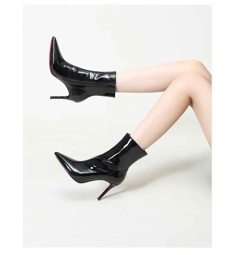 

Women's Black Patent Leather Short Boots, Autumn/Winter Stiletto Pointed Slim Heels, Sexy Office Lady Fashion High-Heeled Boots