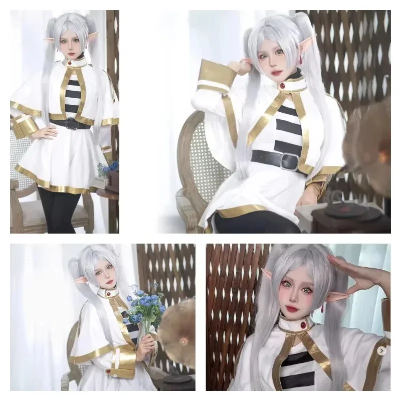 Sousou No Frieren Kostum Cosplay Sepatu Wig Tokoh Anime Gaun Penyihir Telinga Elf Pesta Halloween Natal untuk Wanita