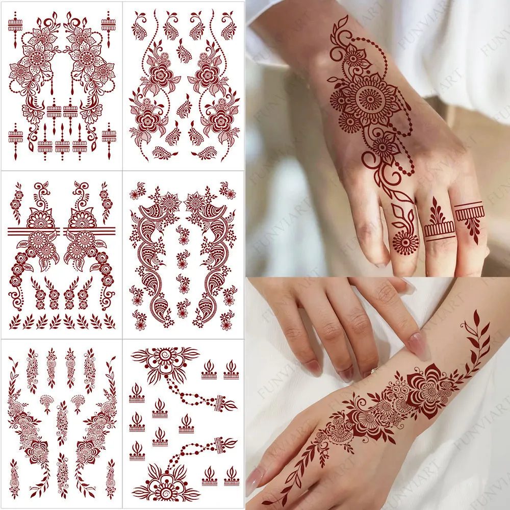 

Одноразовые временные татуировки, татуировки из хны бордового цвета, наклейки для рук, ног, боди-арта, цветок, искусственная татуировка для женщин, свадебный фестиваль