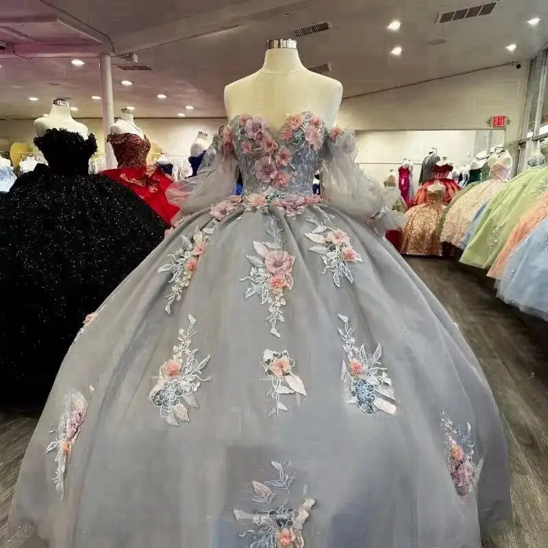 

Customized Vintage Gray Quinceanera Dresses Ball Gown Sweetheart Lace Up Flower Applique Birthday Party Sweet 16 Dress vestidos