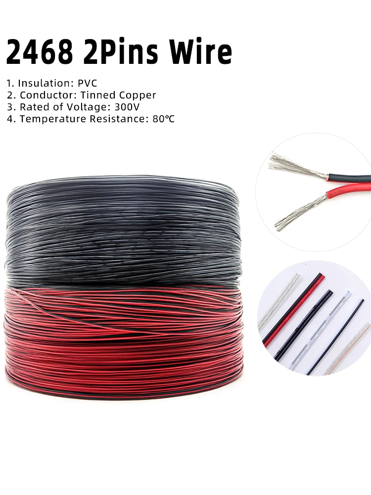Câble en cuivre 28 26 24 22 20 18 16 AWG LED bande lampe éclairage 2 broches fil électrique PVC rallonge blanc noir rouge UL2468
