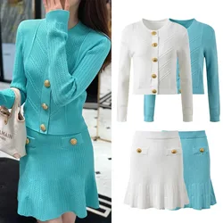 Autumn Women's Suit Knitted Top Skirt 2 Piece Matching Set White Outfit Elegant Lady Knitting Dress Sets Female Clothing