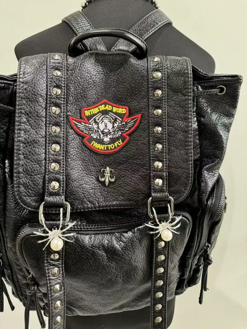 Y2k Goth PU Leather Backpack Studded Chain Laptop Bag High Street Punk  Backpack for Men and Women